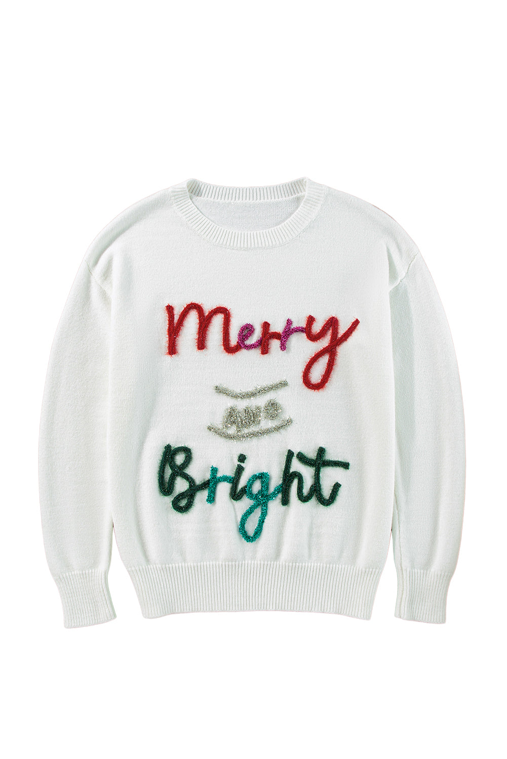 White Tinsel Merry and Bright Graphic Christmas Sweater