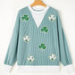 Light Blue Sequin Clover Graphic Colorblock Long Sleeve Corded Top