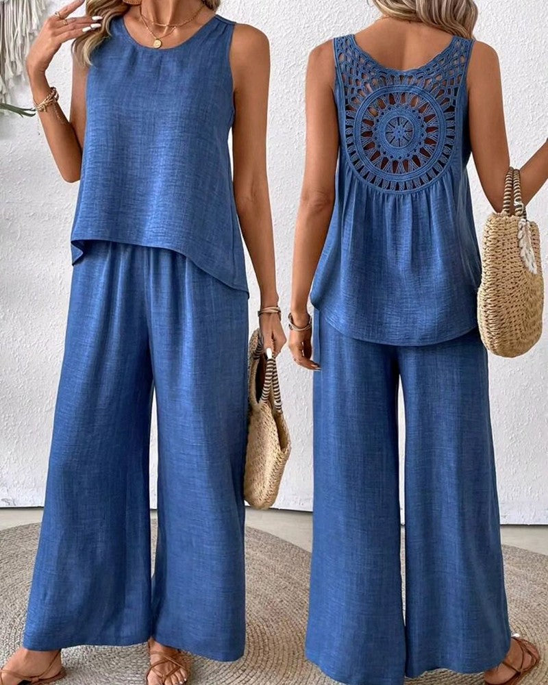 Hollow Out Crochet Lace Tank Top & Wide Leg Pants Set