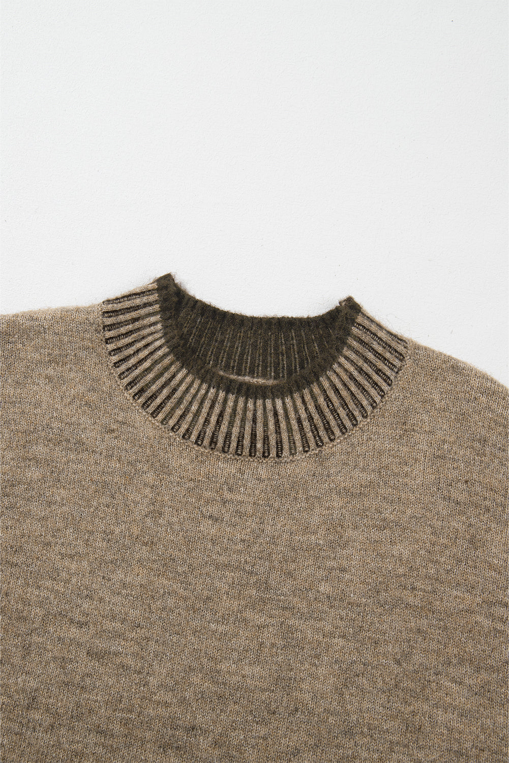 Pale Khaki Contrast Trim Mock Neck Drop Shoulder Sweater