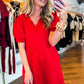 Fiery Red Textured Collared V Neck Puff Short Sleeve Shift Mini Dress