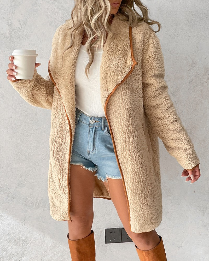 Contrast Binding Lapel Teddy Coat Open Front Longline Winter Outwear Jackets with Pockets