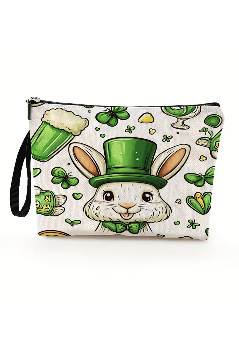 Green St Patricks Pattern Print Zipper Wristlet Canvas Makeup Bag