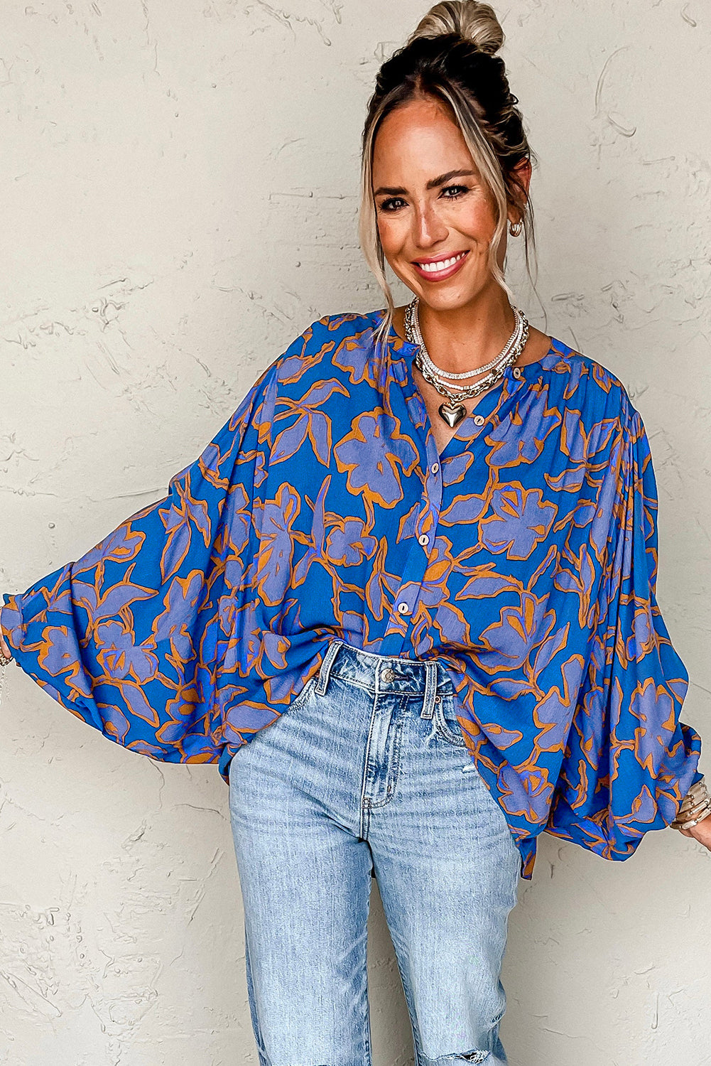 Blue Floral Print Batwing Sleeve Buttoned Loose Fit Shirt