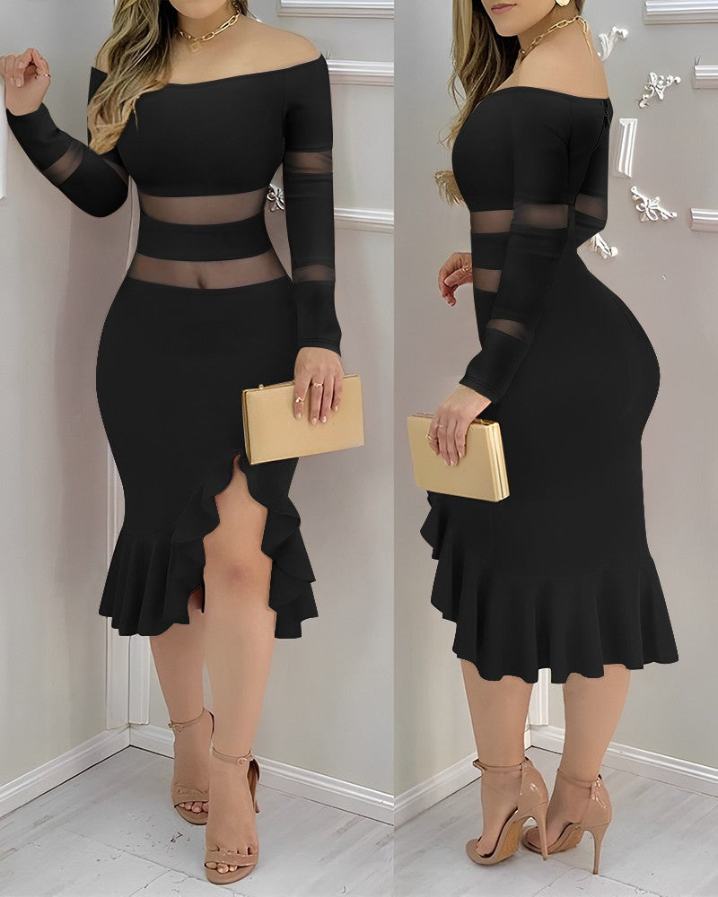 Sheer Mesh Patch Ruffles Bodycon Dress