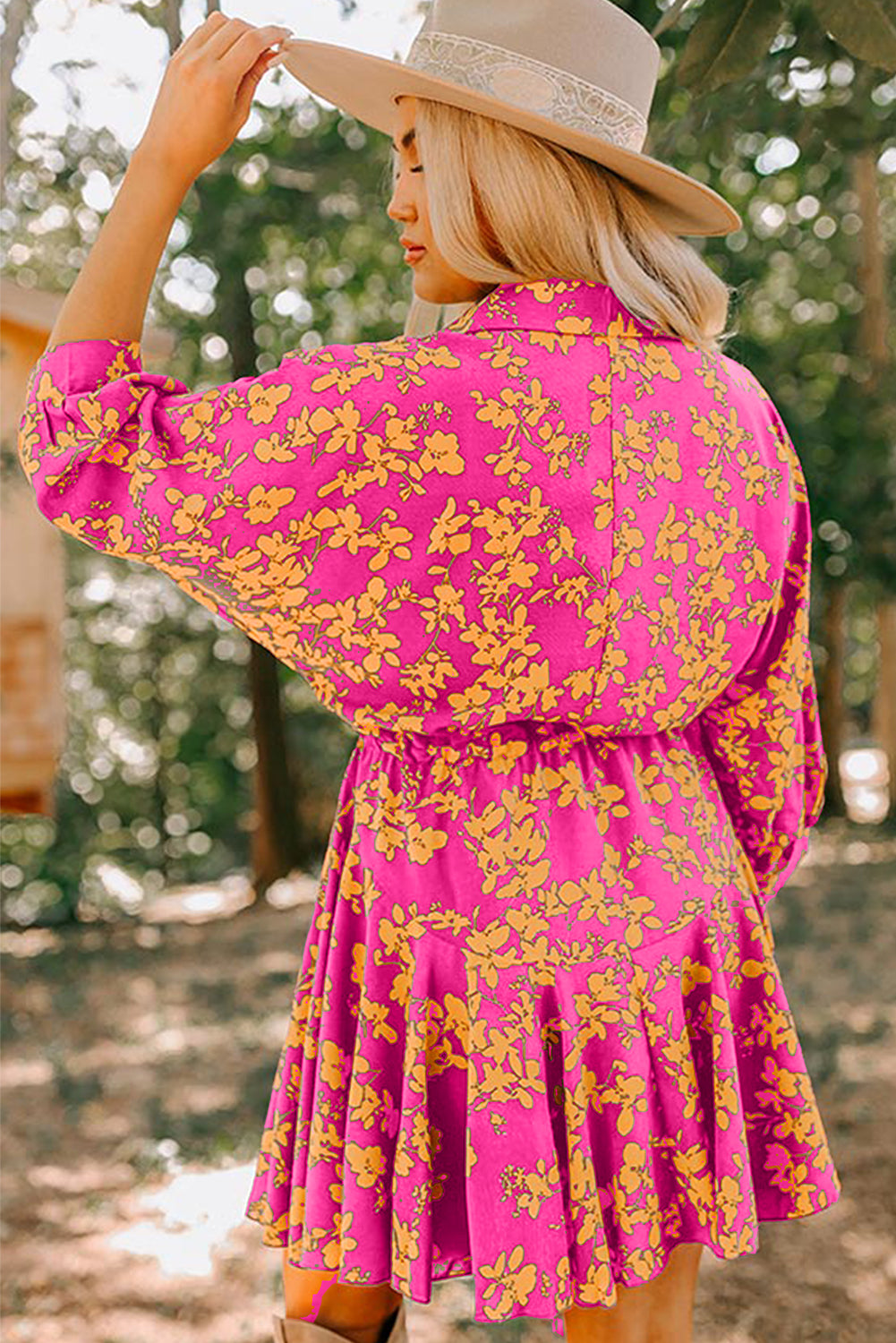 Pink Floral Print Drawstring Tunic Flowy Short Dress