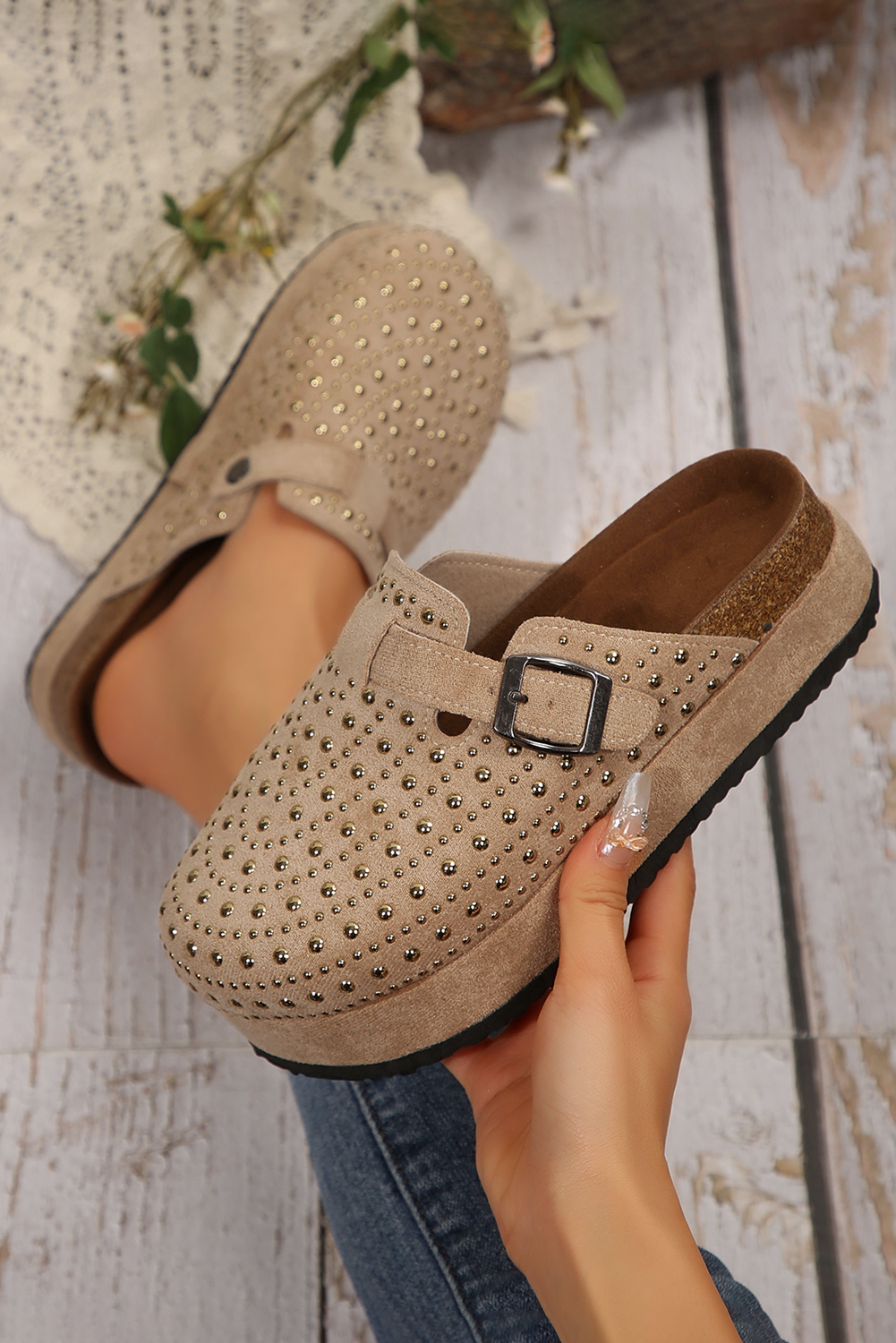 Parchment Rivet Buckle Closed Toe Platform Slippers