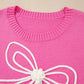 Bright Pink Corded Flower Bow Ribbed Trim Casual Sweater