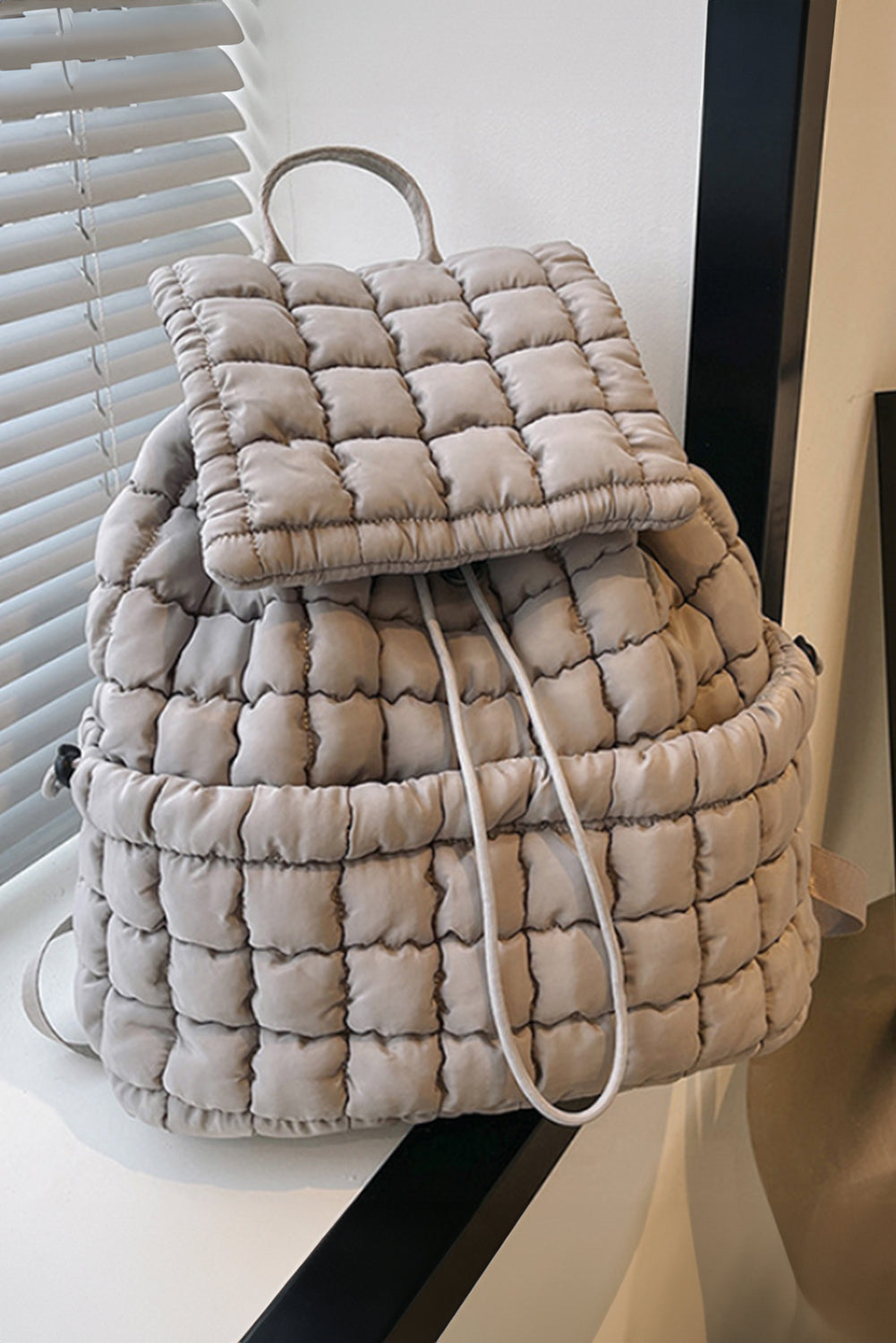 Medium Grey Solid Flapped Quilted Puffer Backpack