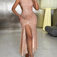 Allover Sequin Spaghetti Strap Backless Slit Maxi Dress Floral Decor Evening Dress