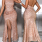 Allover Sequin Spaghetti Strap Backless Slit Maxi Dress Floral Decor Evening Dress