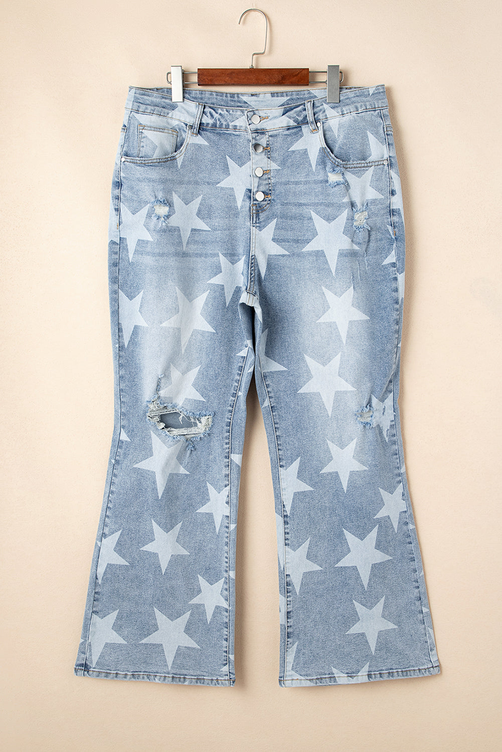 Sky Blue Star Printed Multi Buttons Slit Knee Destroyed Plus Size Jeans