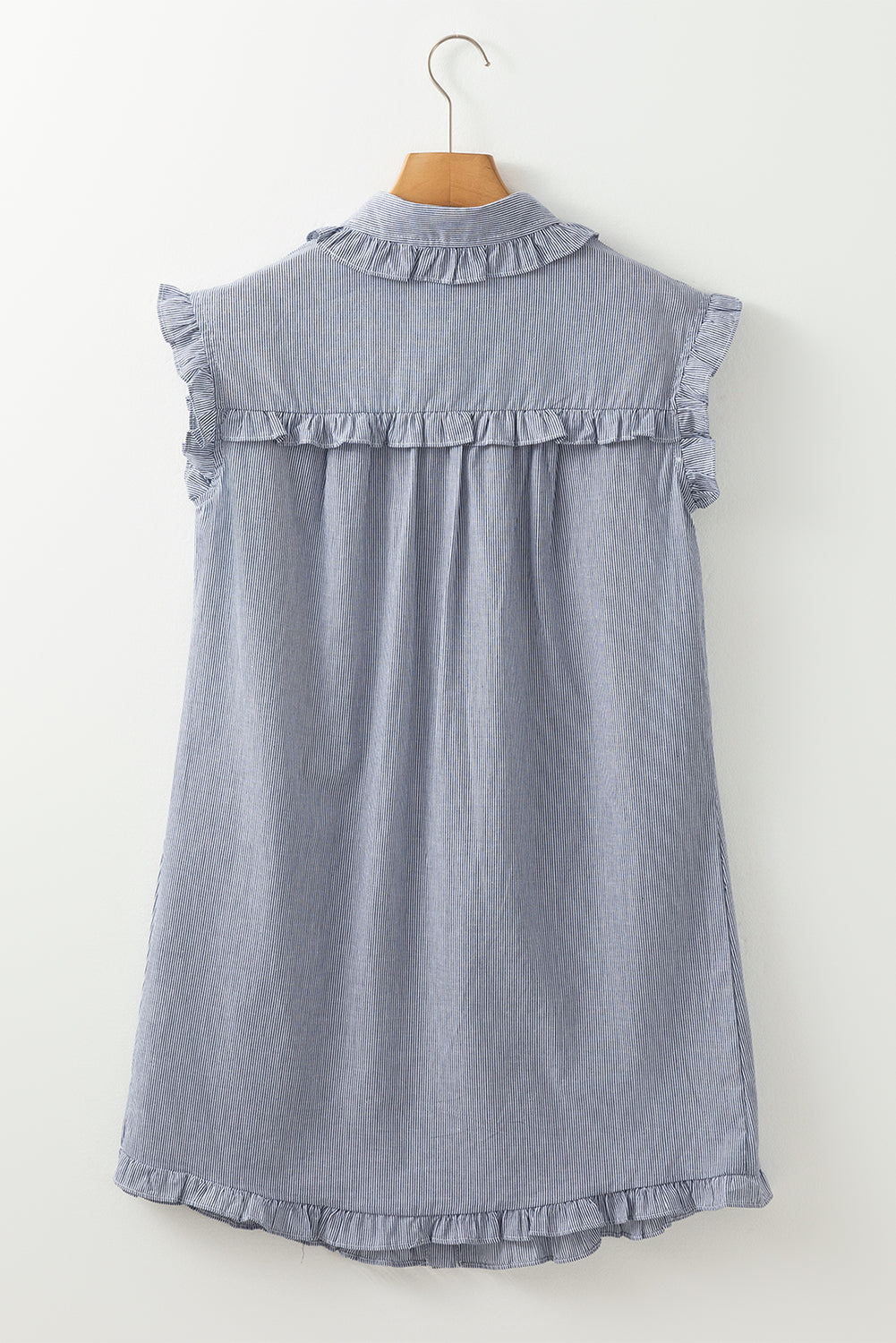 Blue Stripe Frilled Sleeveless Collar Front Pocket Button Up Mini Dress