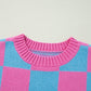 Sachet Pink Colorblock Plaid Pattern Ribbed Trim Sweater Tank Top