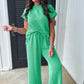 Bright Green Solid Corded Knit Short Sleeve T Shirt and Wide Leg Pants Set