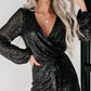 Black Sequined V Neck Wrapped Long Sleeve Romper