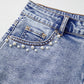 Beau Blue Pearl Studded Pockets Raw Hem Denim Shorts