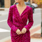 Pitaya Pink Velvet Sequin Long Sleeve V Neck Wrapped Mini Dress