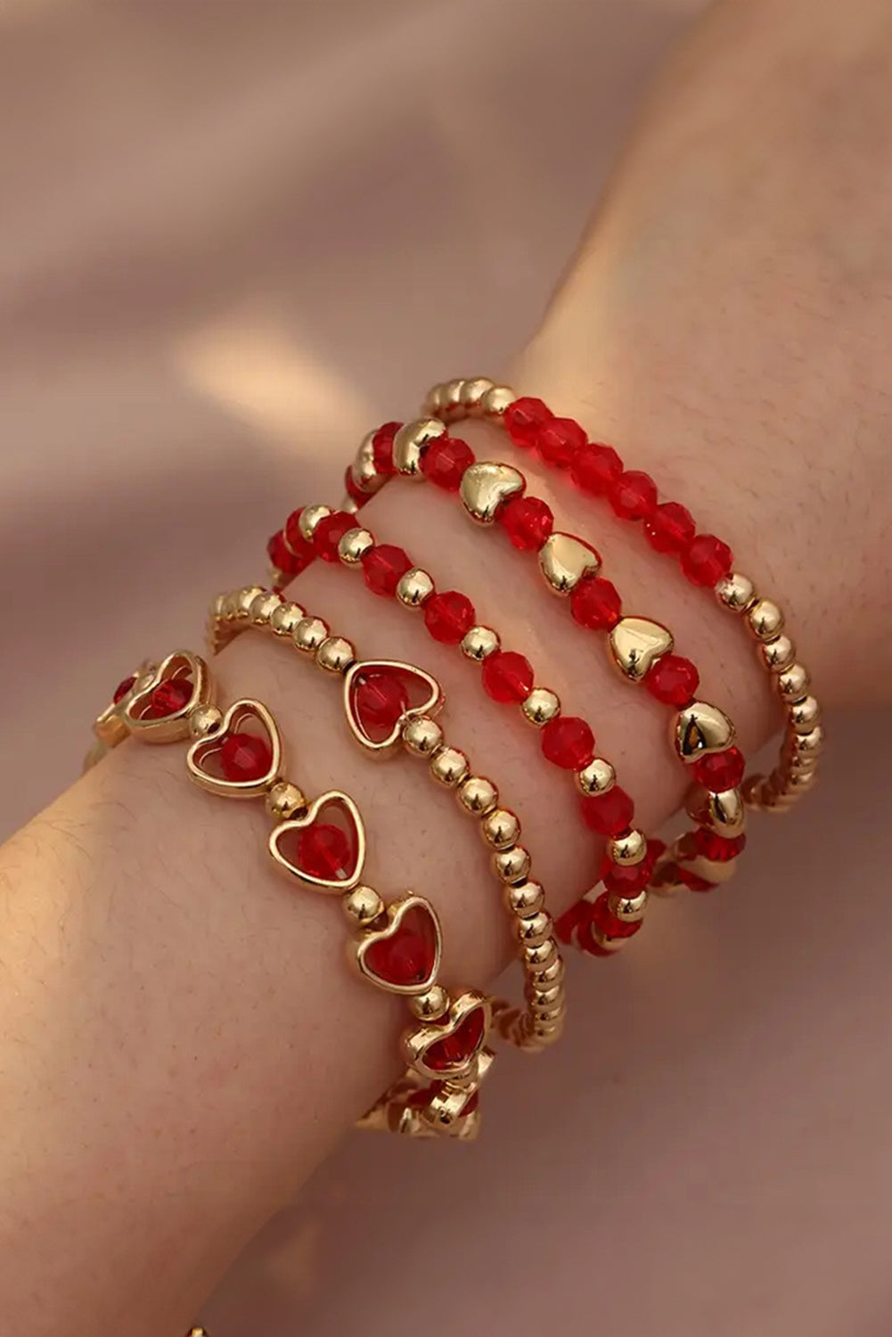 Fiery Red Heart Shape Plated Beaded Elastic Bracelet Set