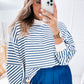 Blue Stripe Drop Shoulder Crew Neck Loose Sweatshirt