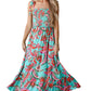 Green Abstract Print Smocked Bodice Knotted Straps Ruffled Maxi Dress