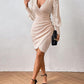 Cable Textured V Neck Lace Patch Ruched Button Decor Bodycon Dress