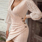 Cable Textured V Neck Lace Patch Ruched Button Decor Bodycon Dress