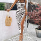 Zebra Stripe Side Slit Drawstring Ruched Bodycon Casual Dresses Sleeveless Thick Strap Dress