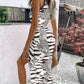 Zebra Stripe Side Slit Drawstring Ruched Bodycon Casual Dresses Sleeveless Thick Strap Dress