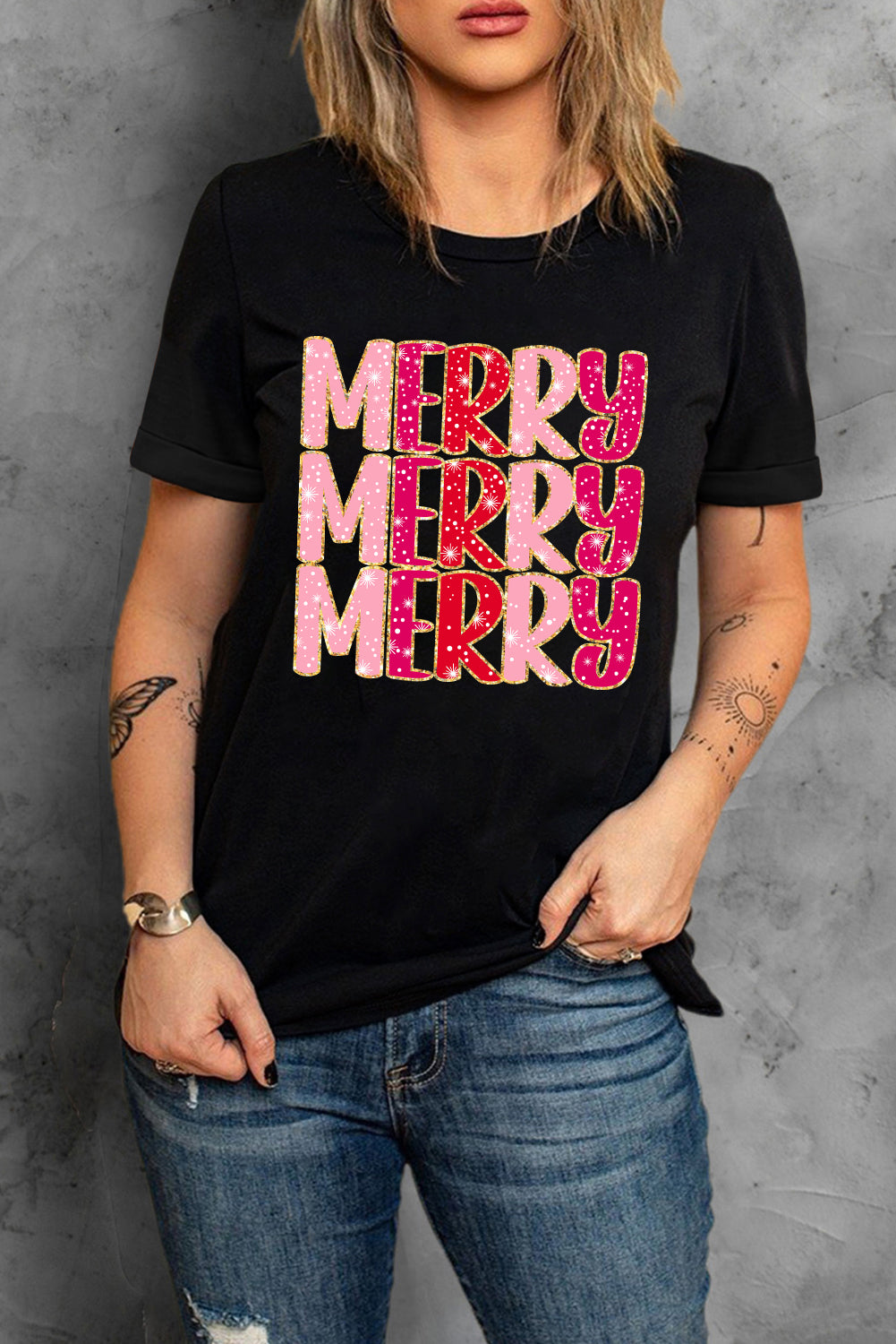 Black Heat Transfer Printing MERRY Letter Christmas Graphic Tee