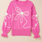 Bright Pink Corded Flower Bow Ribbed Trim Casual Sweater