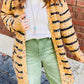 Beige Striped Pom Pom Knit Open Front Long Cardigan