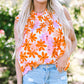 Orange Ruffled Sleeve Smocked Floral Top