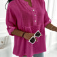 Roll Up Sleeve Hollow Out Shirt Button Front Casual Blouse Top