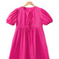 Bright Pink Solid Color Puff Sleeve Tie Front High Waist Mini Dress