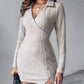 Polo V Neck Long Sleeve Fleece Lined Bodycon Dress Slit Button Decor Ribbed Mini Dress