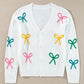 White Bowknot Drop Shoulder Knitted Button up Cardigan