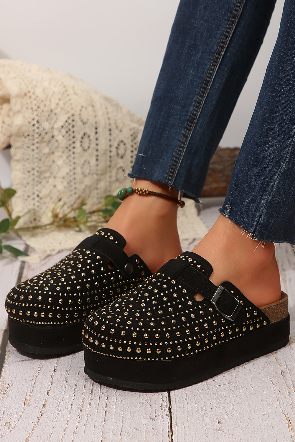 Black Rivet Buckle Closed Toe Platform Slippers