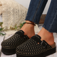 Black Rivet Buckle Closed Toe Platform Slippers