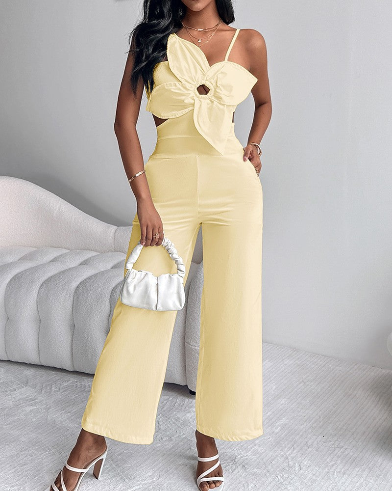 Floral Pattern Pocket Design Hollow Out Jumpsuit