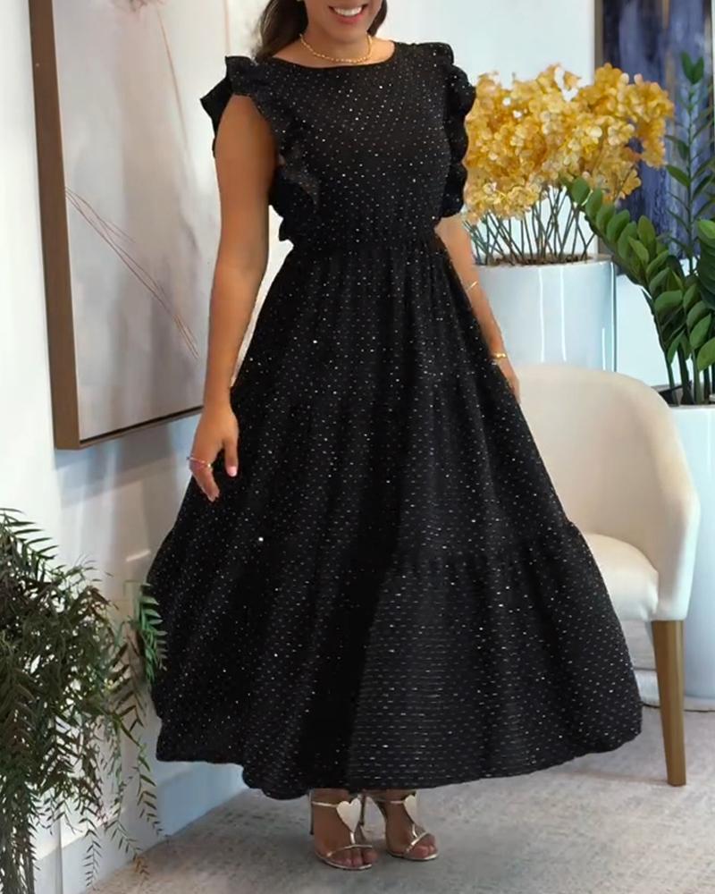 Rhinestone Round Neck Flutter Sleeve Cinch Waist Flared Dress Evening Dress