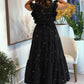 Rhinestone Round Neck Flutter Sleeve Cinch Waist Flared Dress Evening Dress