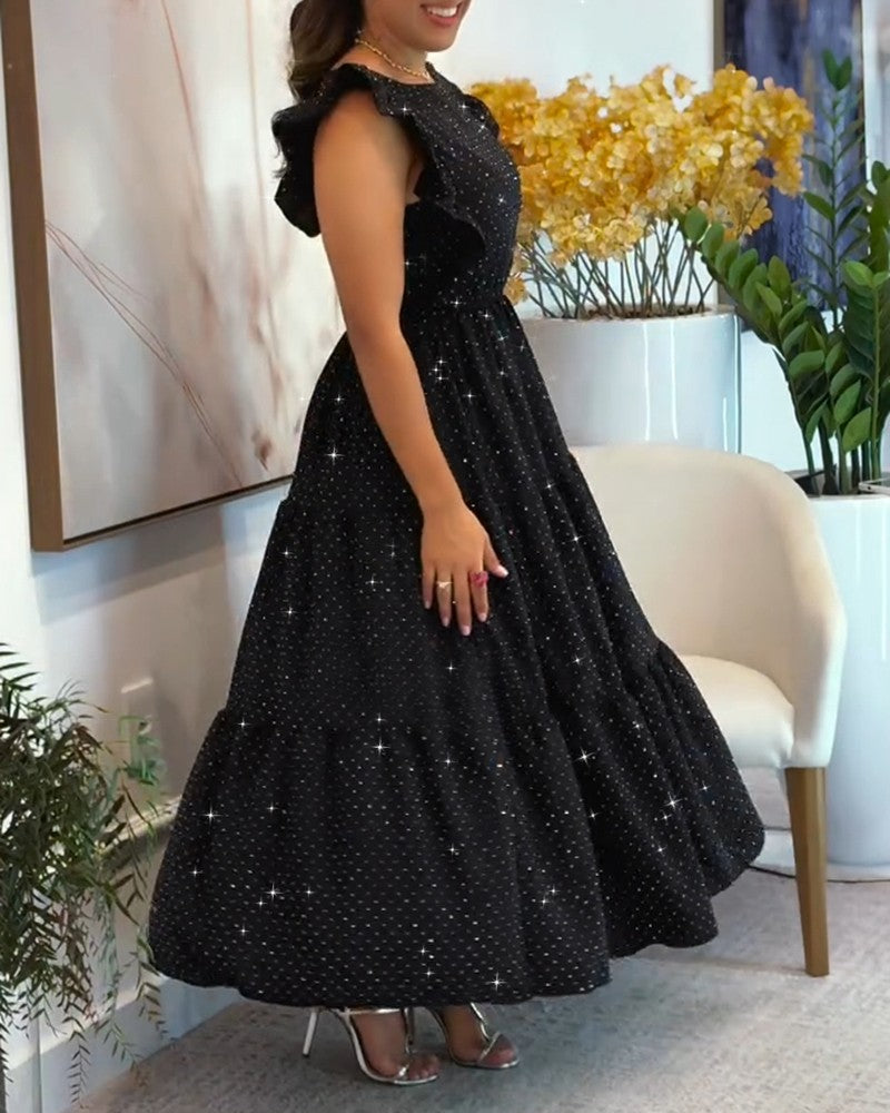 Rhinestone Round Neck Flutter Sleeve Cinch Waist Flared Dress Evening Dress