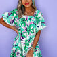 Green Floral Print Shirred Square Neck Loose Fit Mini Dress