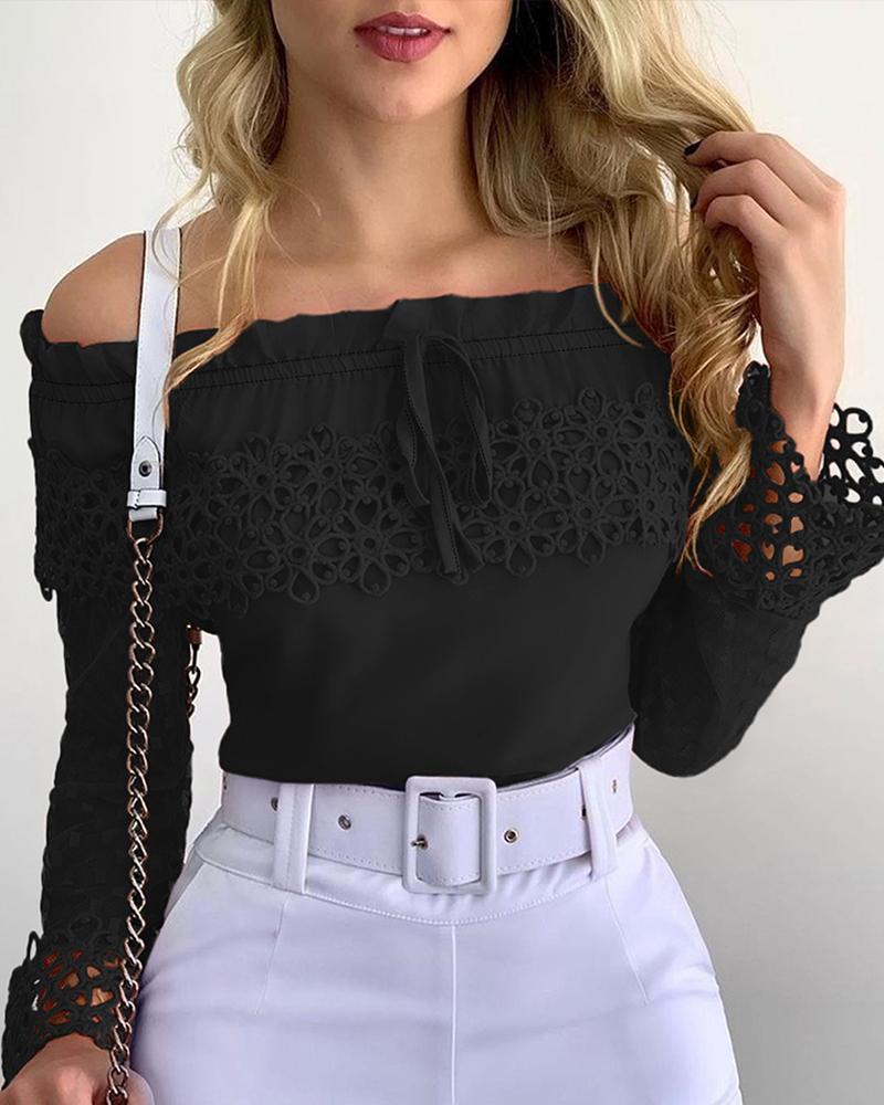 Off Shoulder Guipure Lace Frill Hem Drawstring Top