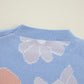 Beau Blue Floral O Neck Drop Shoulder Knitted Sweater