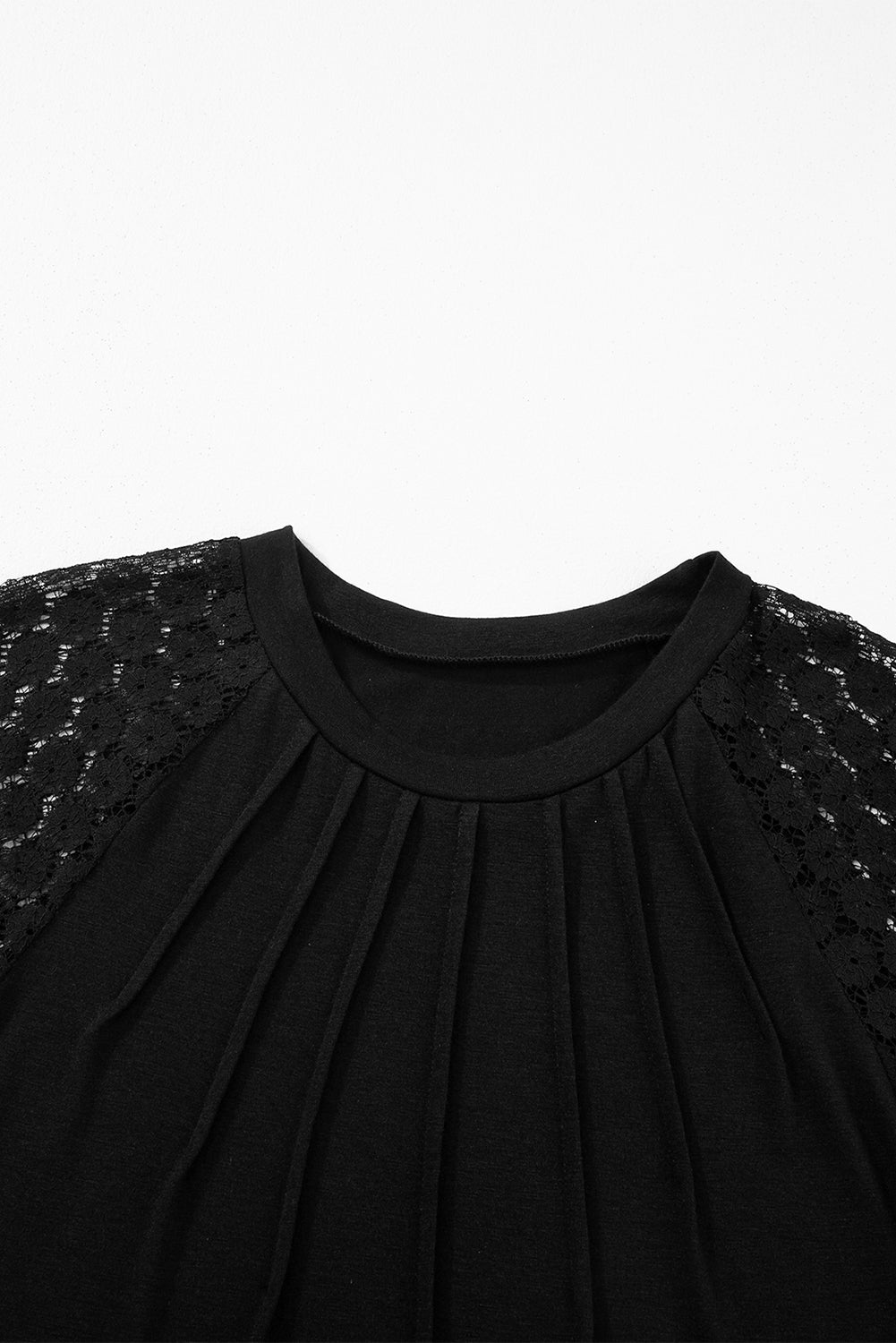 Black Contrast Lace Raglan Sleeve Pleated Detail Shift Dress