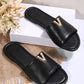 Black V Shape Metal Decor PU Leather Flat Slippers