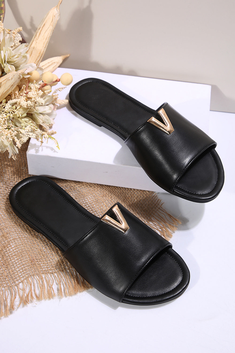 Black V Shape Metal Decor PU Leather Flat Slippers