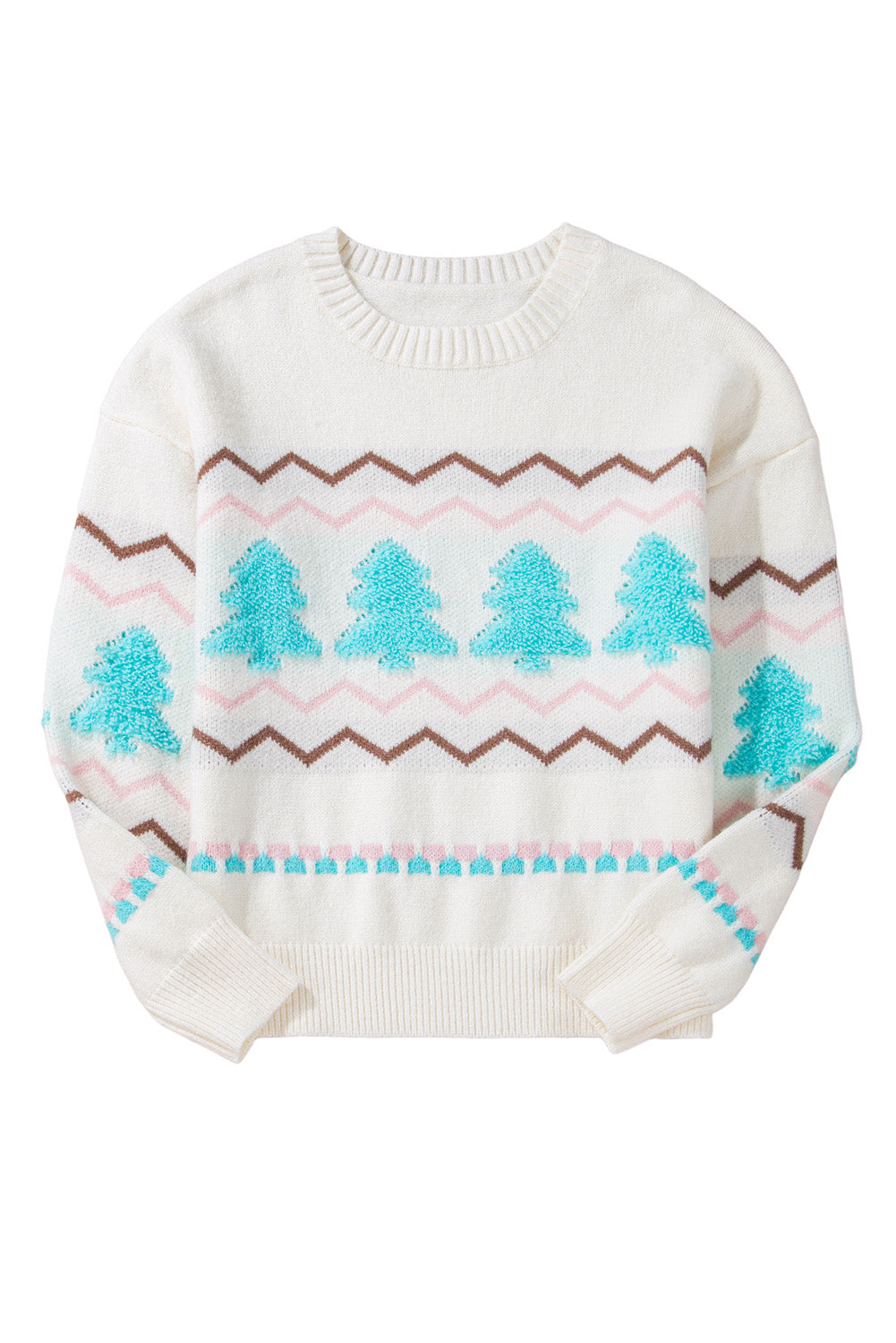 White Striped Christmas Tree Ribbed Trim Drop Shoulder Sweater